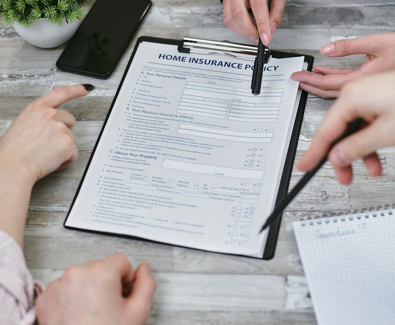Three individuals collaborating on a home insurance policy document. Elements include a clipboard, notes, and pointing h